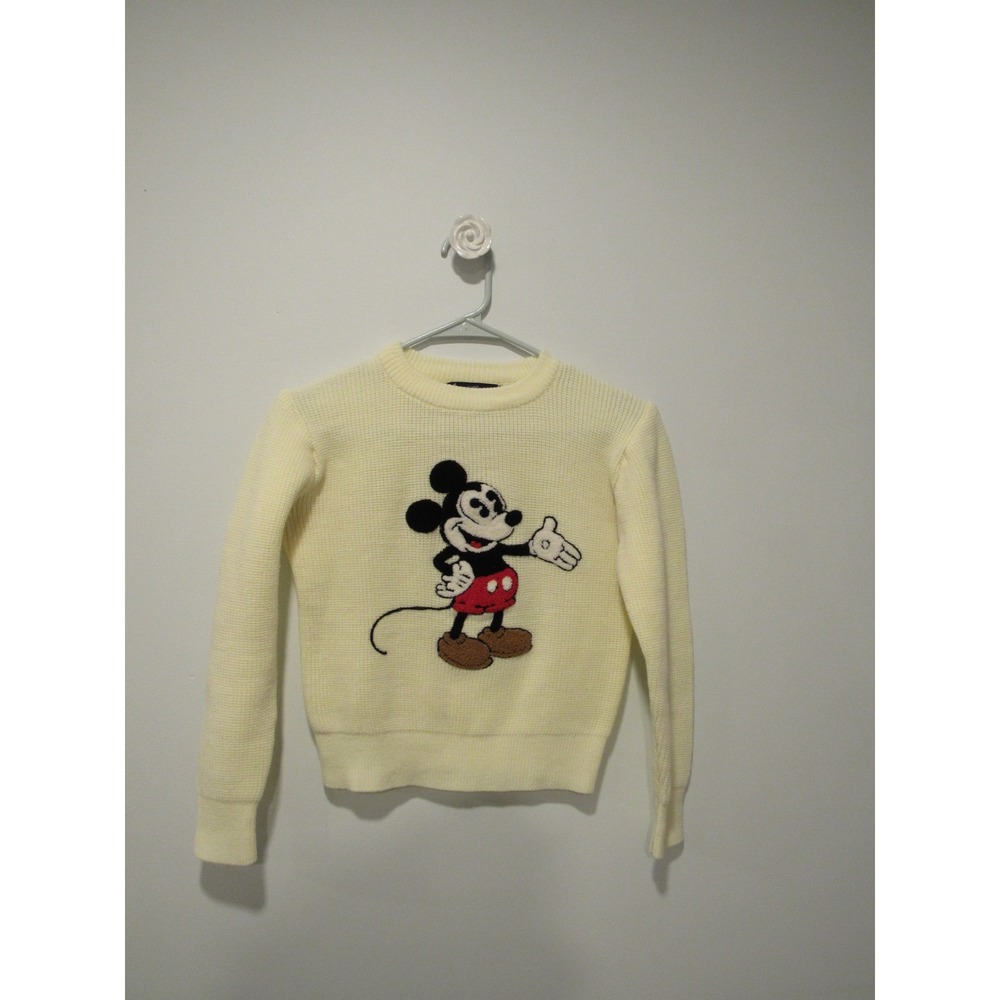 Vintage Walt Disney Mickey Mouse Applique Knit Sweater Cream Kids L XL Womens XS